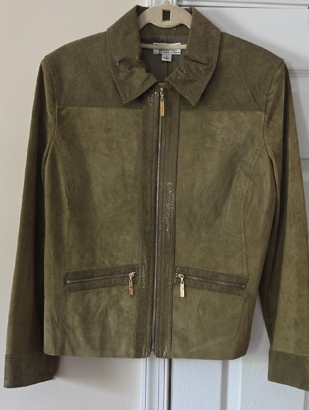 NWOT St John's Sport Marie Gray: Leather & Suede Jacket Olive Green Gold Zippers